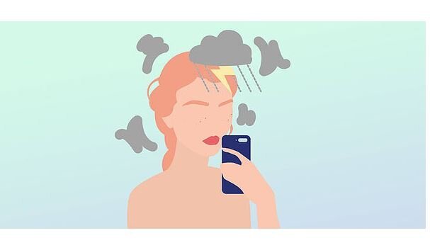 Illustration of Lawyer looking at phone with storm clouds hovering over her head demonstrating burnout
