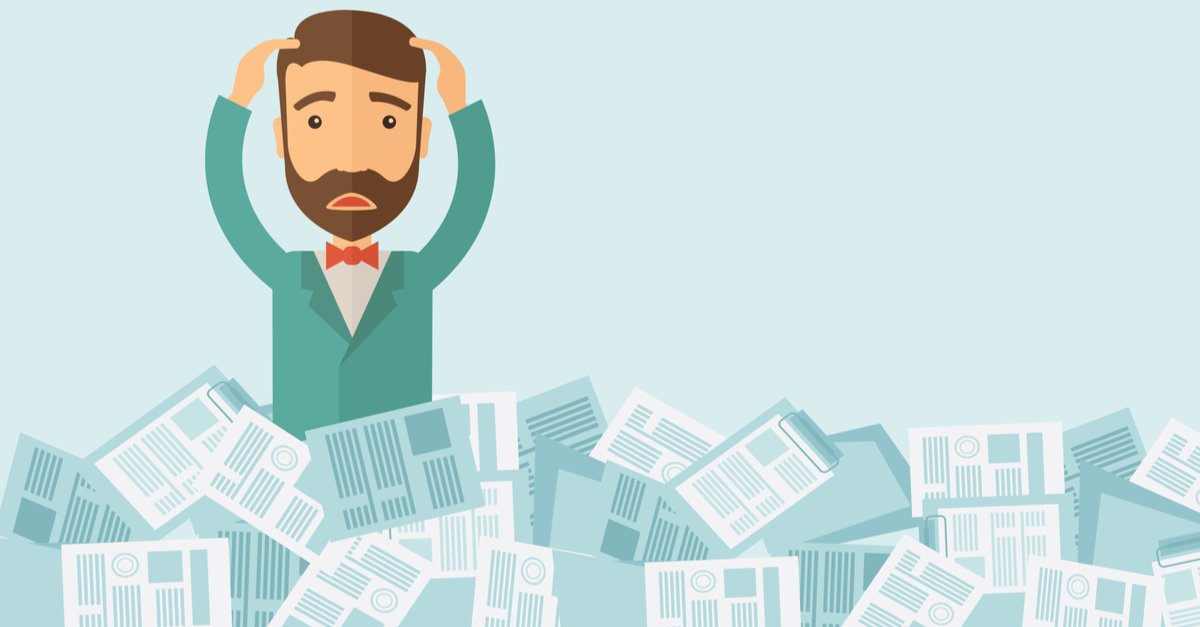 Cartoon man scratching is head surrounded by discovery documents