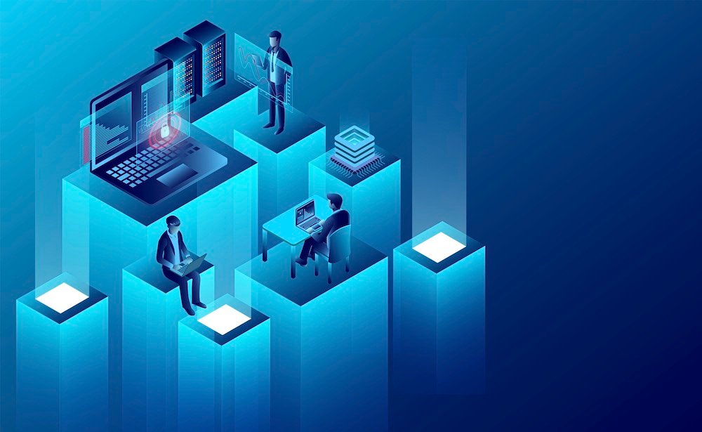 Illustration of workers sitting on various 3D columns using new workplace technolgy, including notebooks and computers