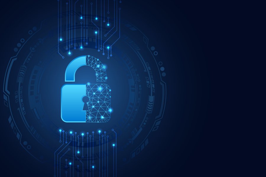 Illustration on a dark background of a bright blue lock which is half opaque and half a concept drawing of global privacy law