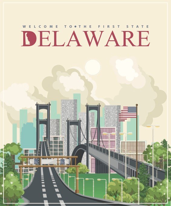 Illustration of Delaware bridge and city with trees around.