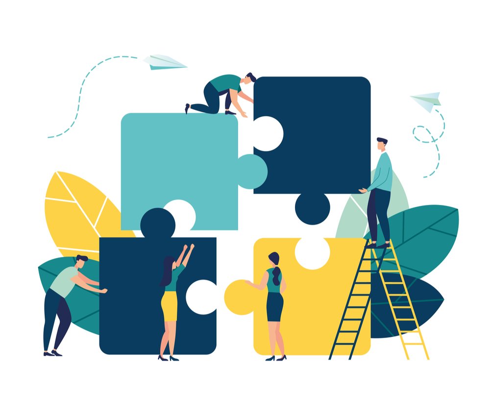 Concept illustration of nexus for corporations showing workers sliding puzzle pieces together